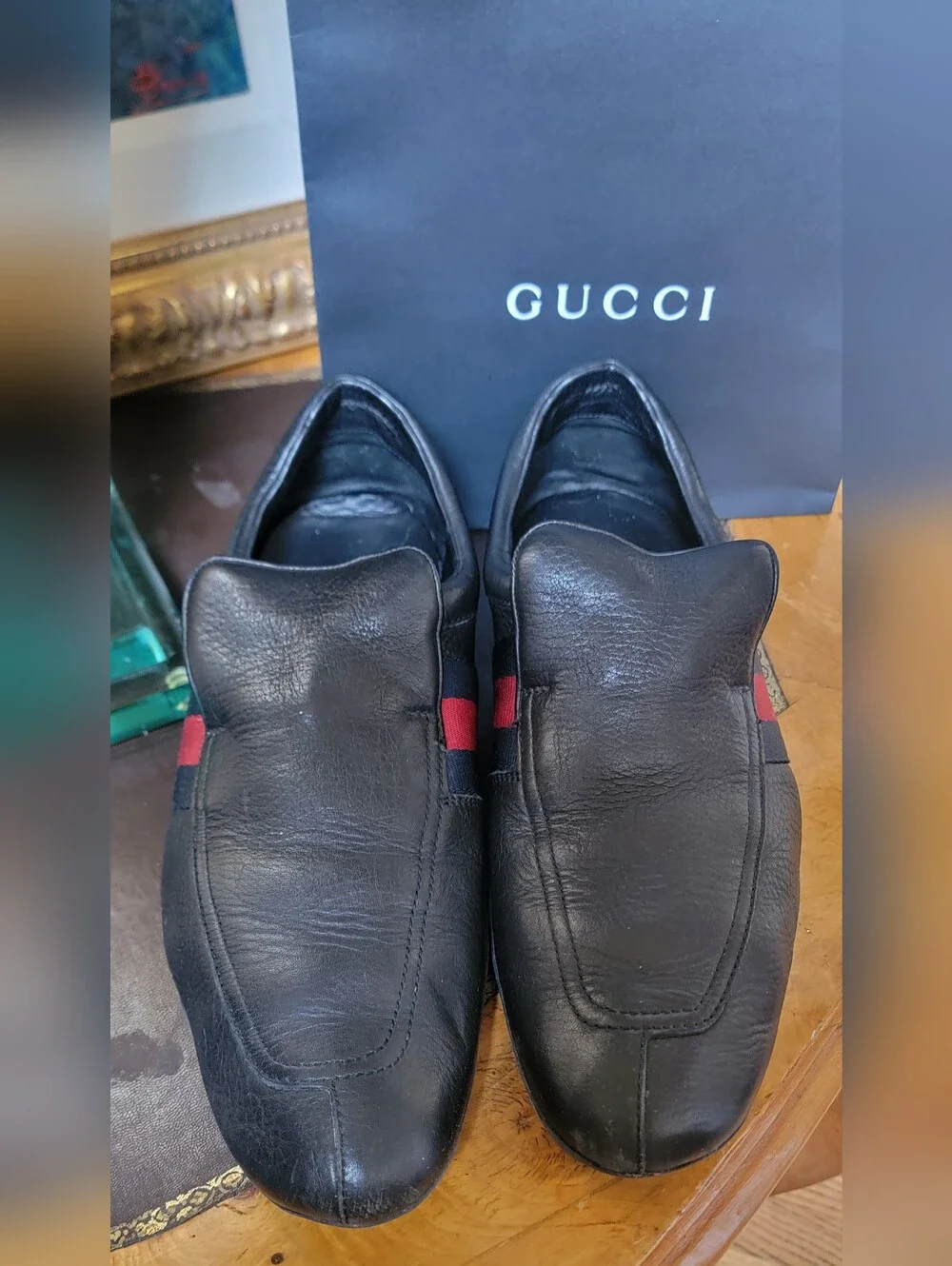 Men's Gucci Black Leather Slip-On Loafers with Red & Blue Web Stripe 10.5